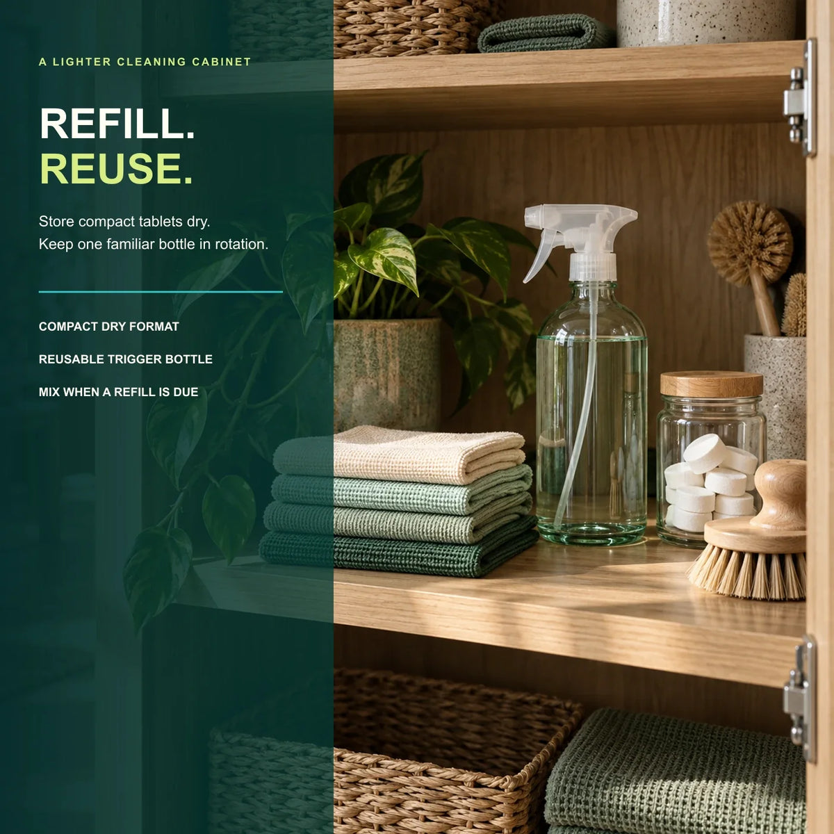 Refill and reuse cleaning cabinet with compact tablets and washable cloths