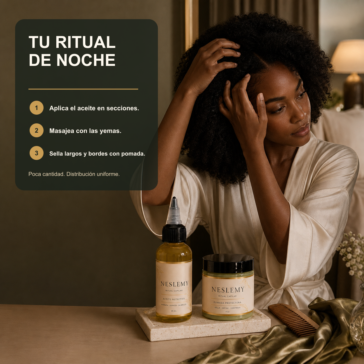 Rutina nocturna NESLEMY con aceite capilar y pomada