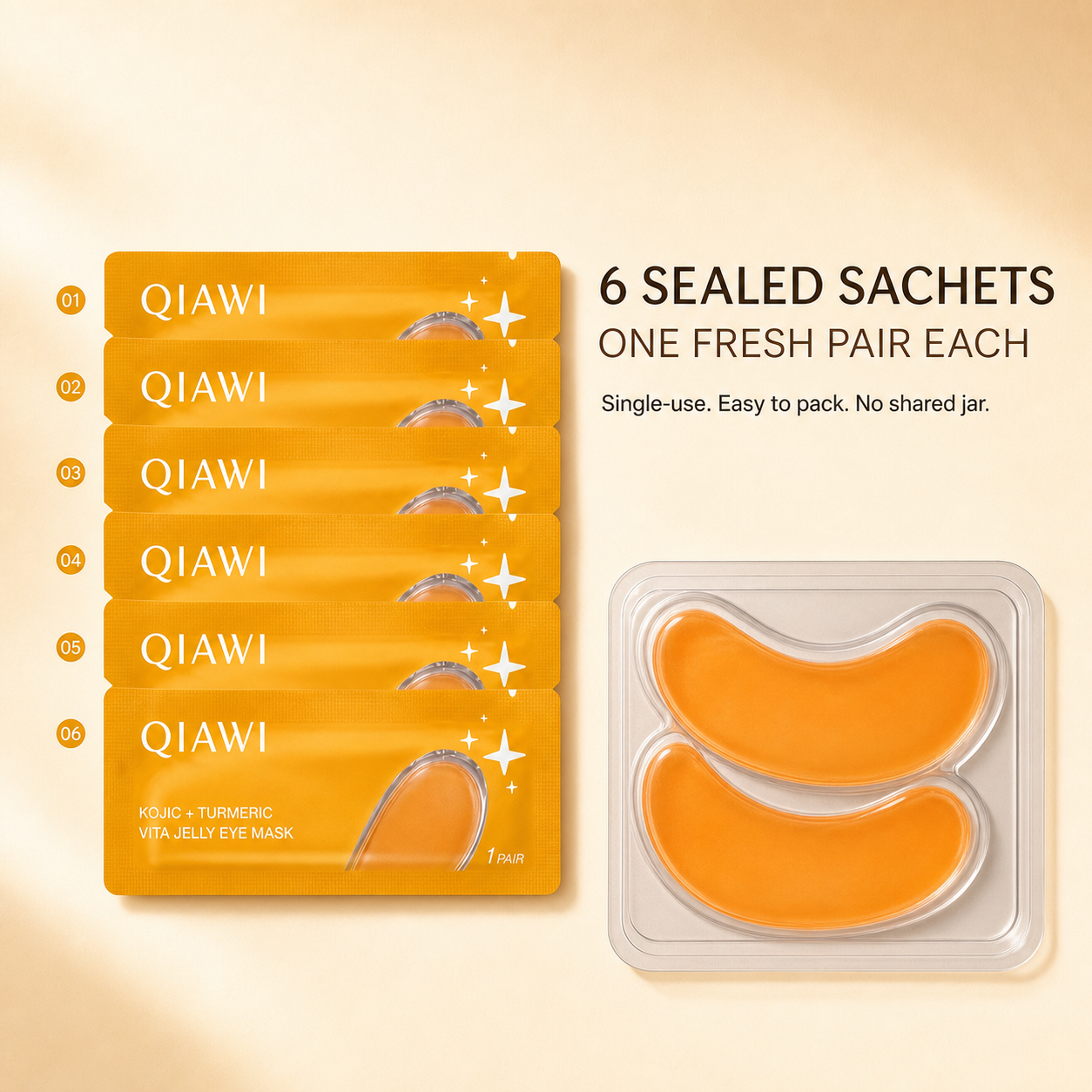 Six individually sealed QIAWI jelly eye mask sachets and one fresh pair
