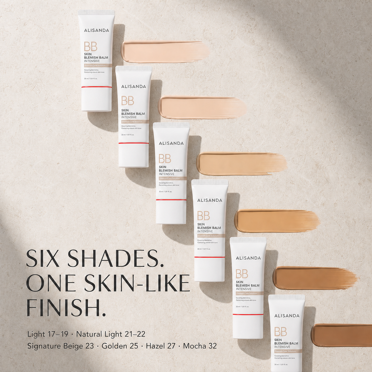 Six ALISANDA BB Skin Blemish Balm shades from Light to Mocha