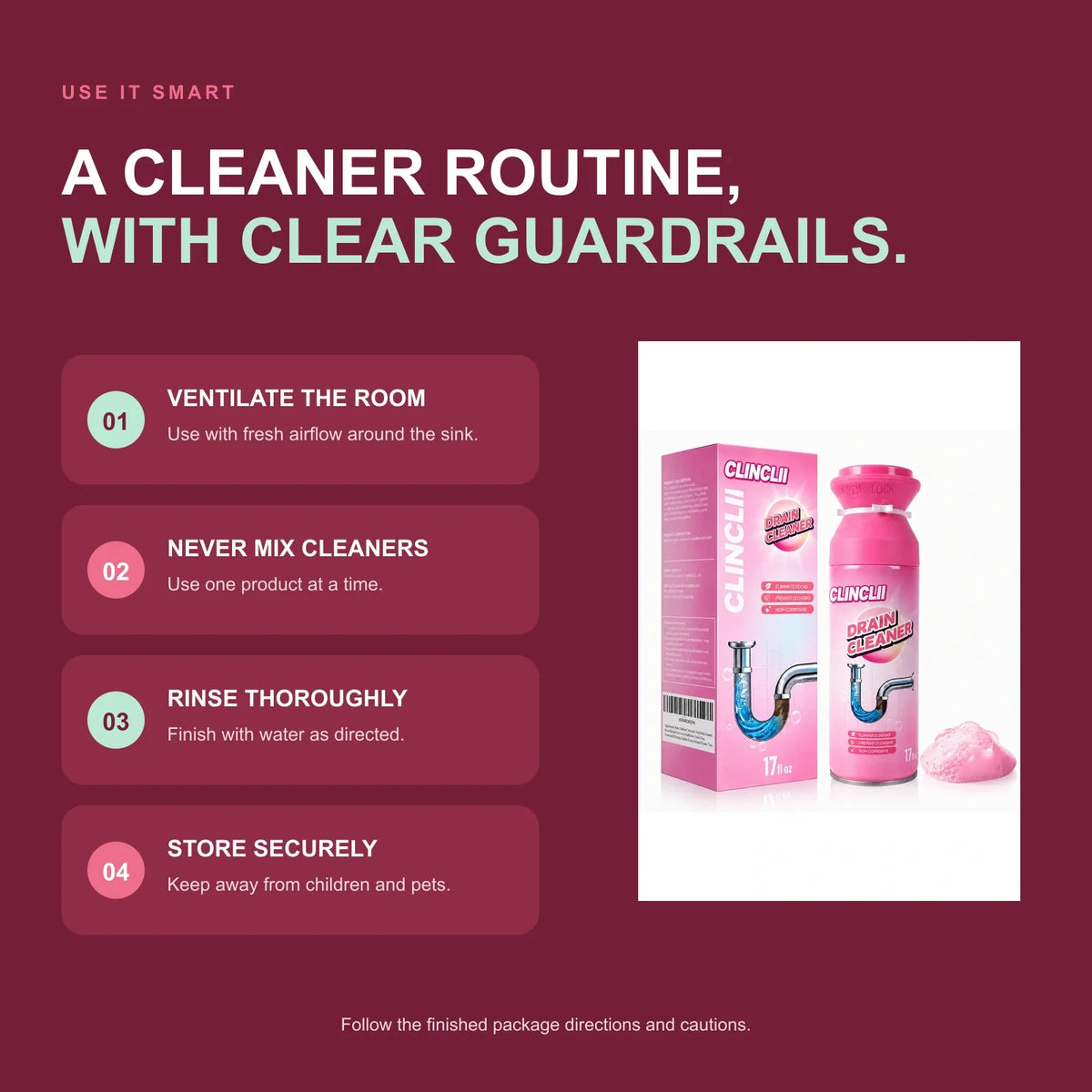 Clinclii drain cleaner ventilation mixing rinsing and storage safety checklist