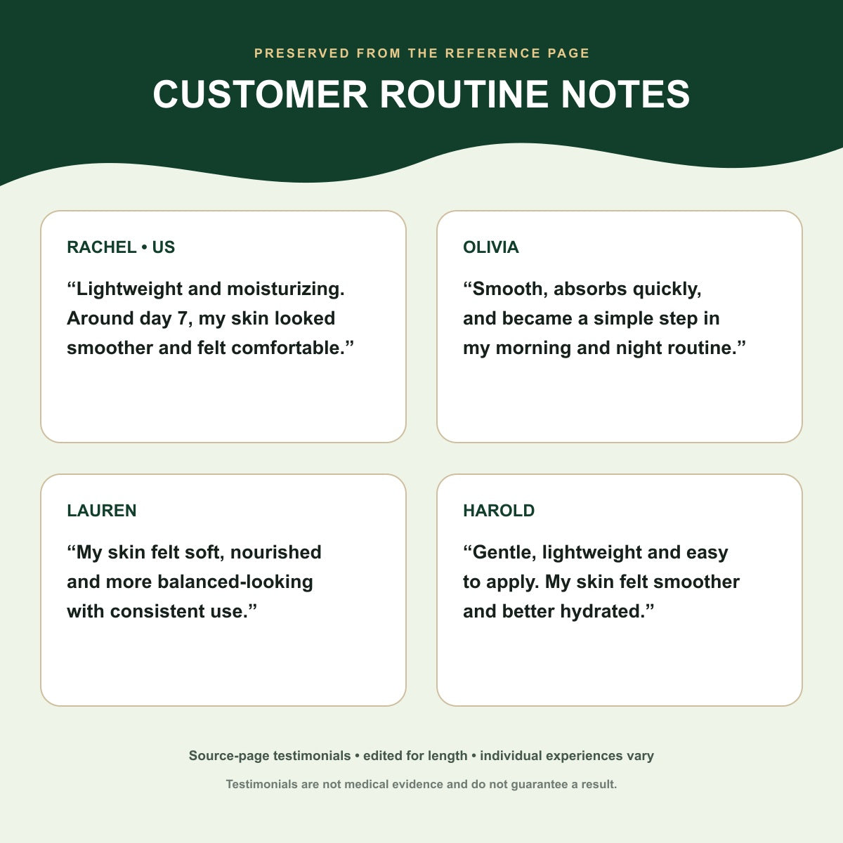 Source page customer cosmetic routine notes and review excerpts