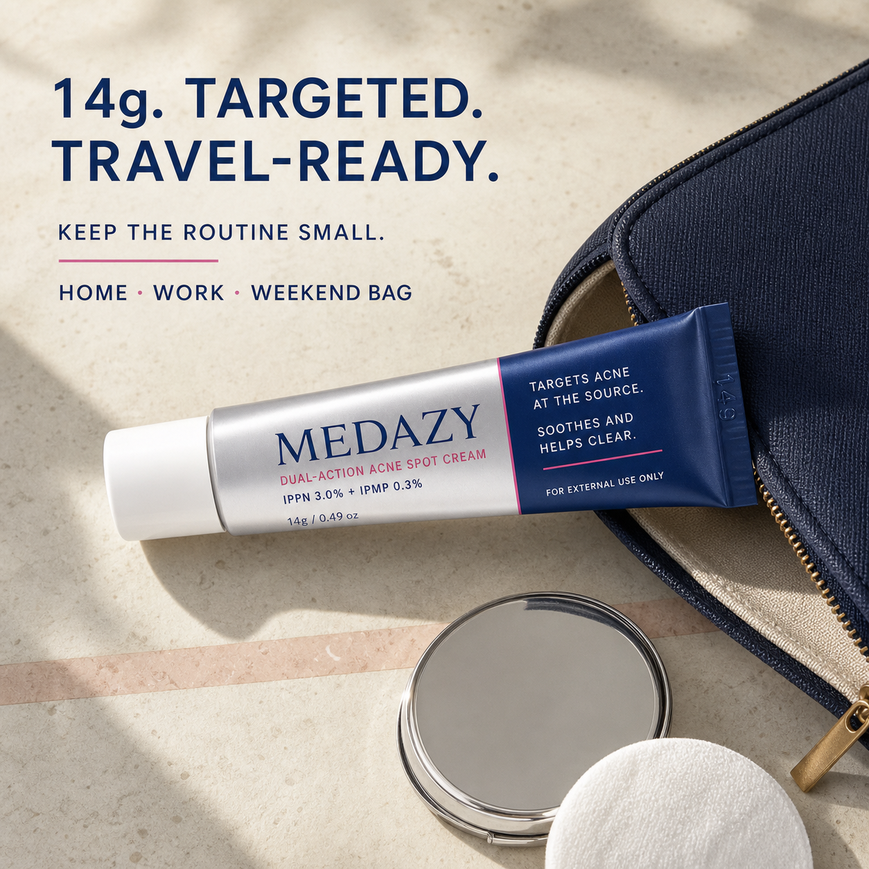 Compact 14g MEDAZY spot cream beside a travel skincare pouch