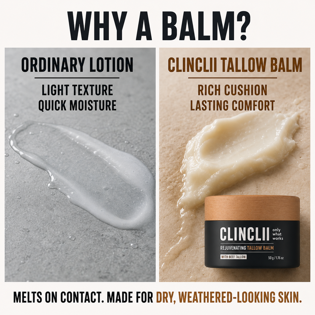 Ordinary lotion and CLINCLII Tallow Balm texture comparison