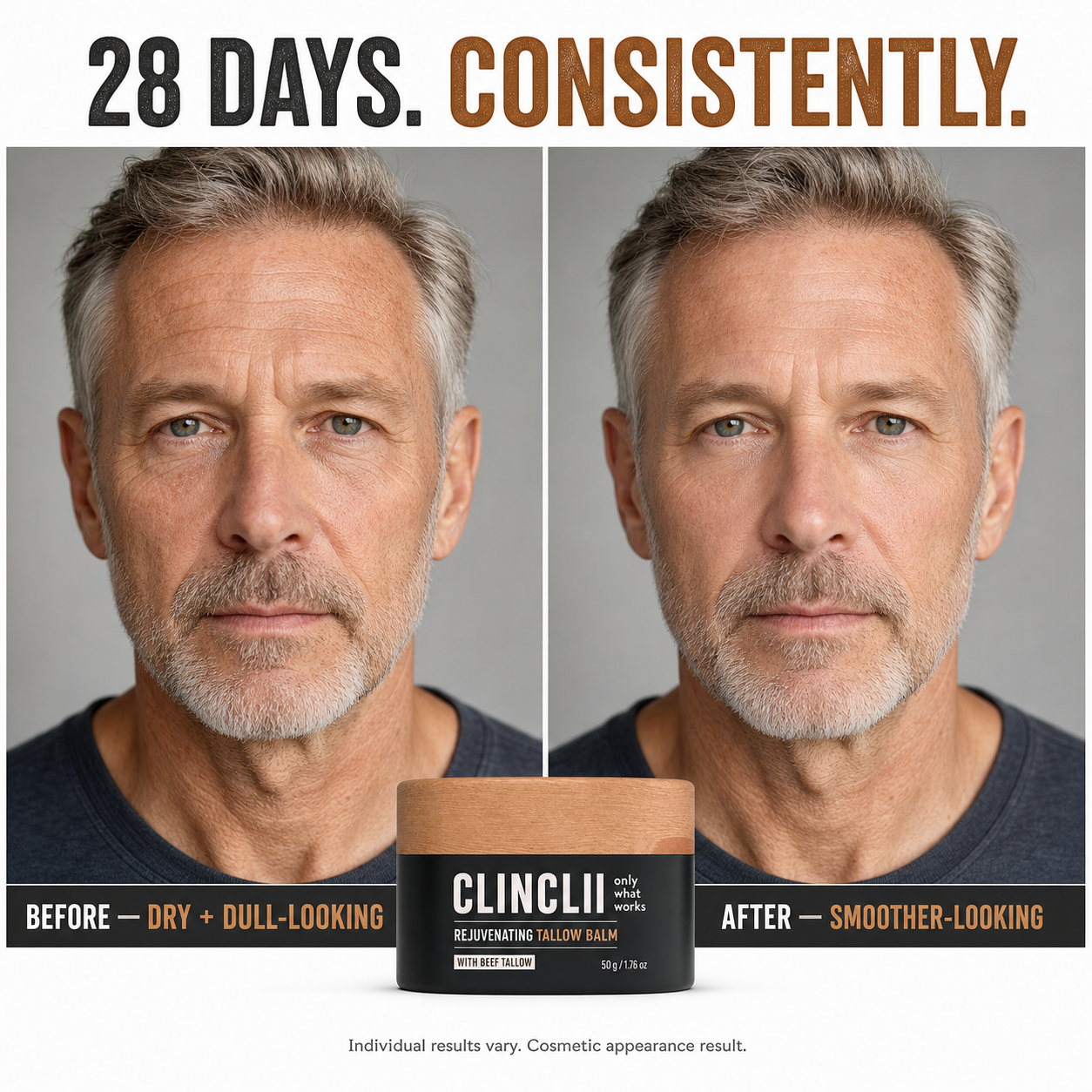Matched 28-day cosmetic appearance result for mature men's skin