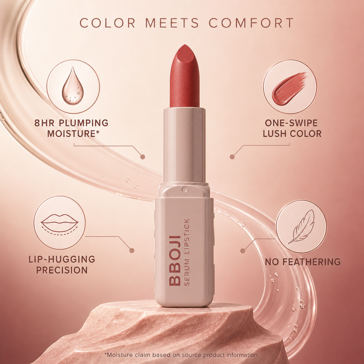 BBOJI serum lipstick color and comfort benefit infographic