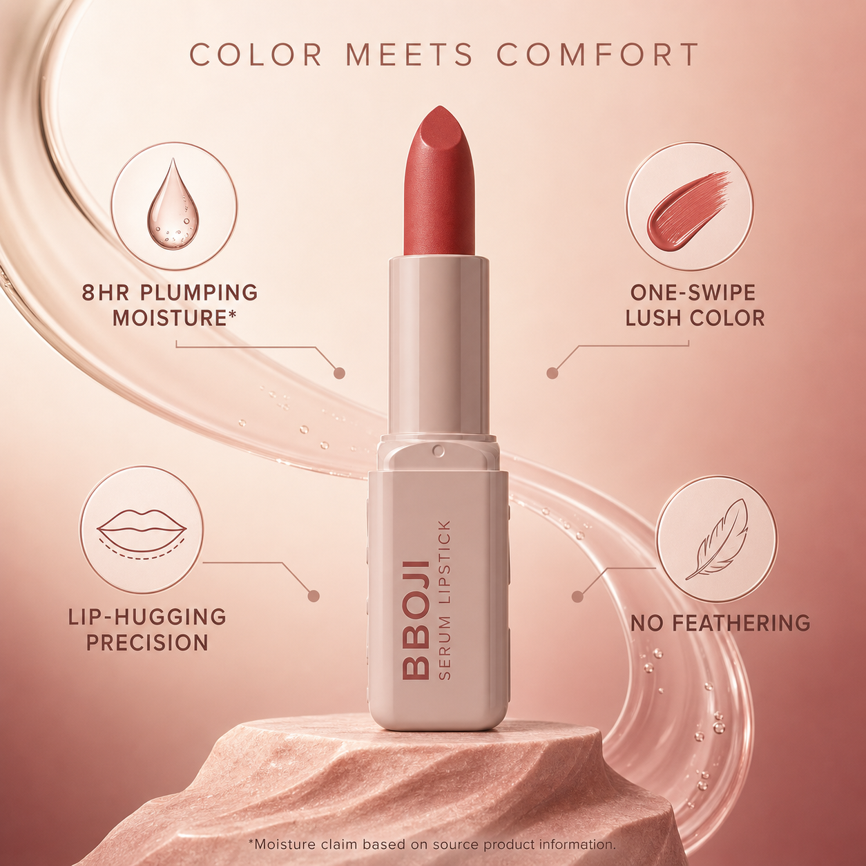 BBOJI serum lipstick color and comfort benefit infographic