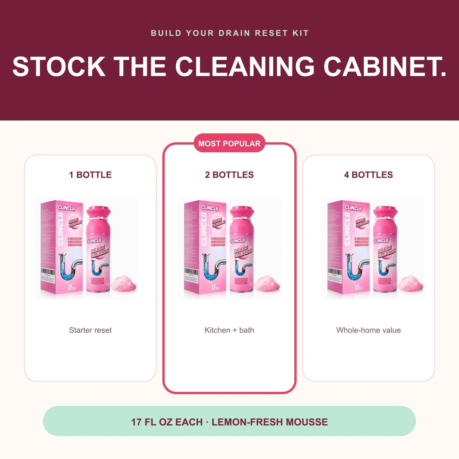 One two and four bottle Clinclii foam drain cleaner bundles