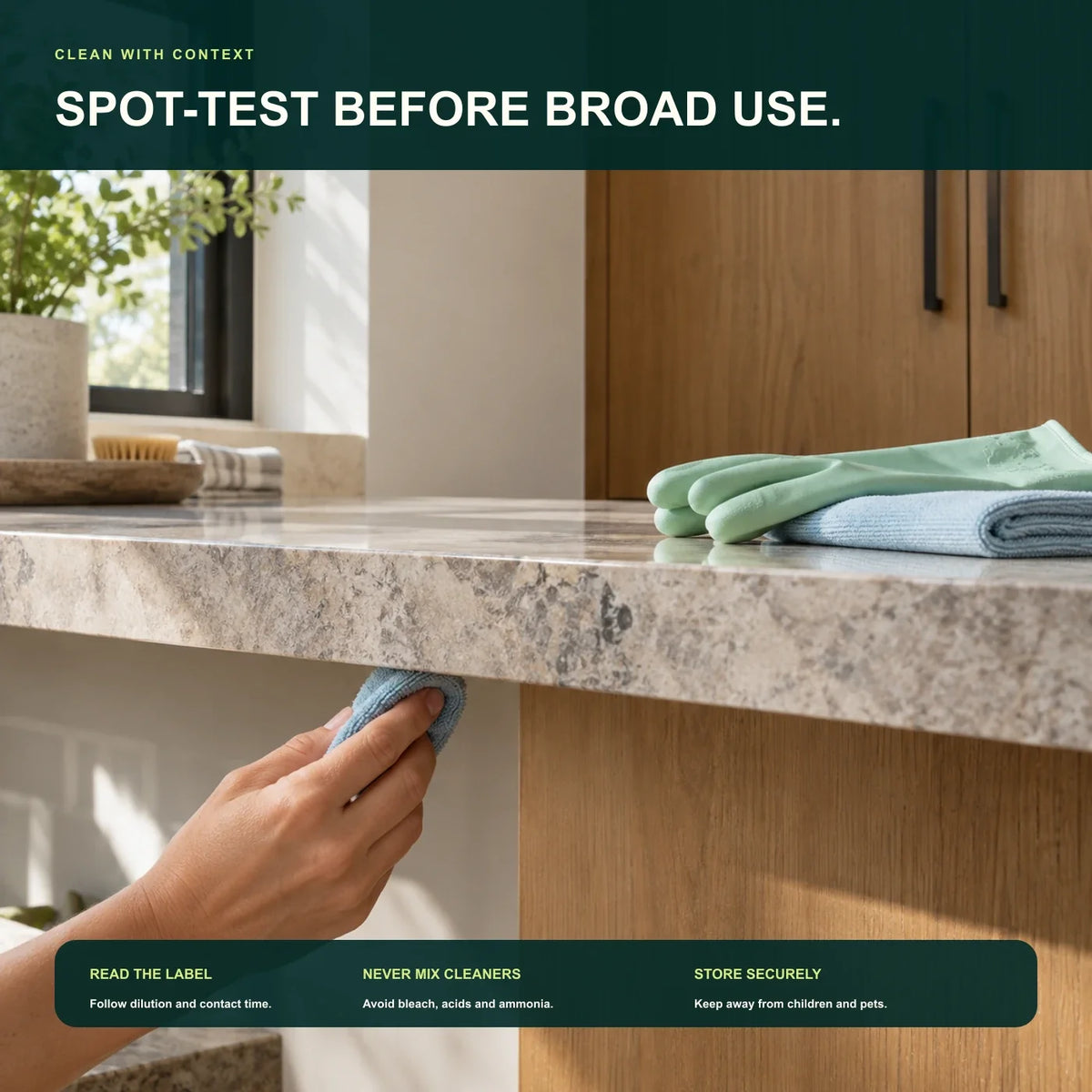 Care guidance showing a hidden-corner spot test on sealed stone