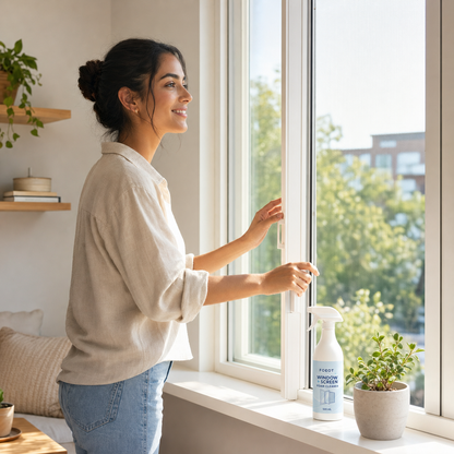 Homeowner beside a clean open window and insect screen