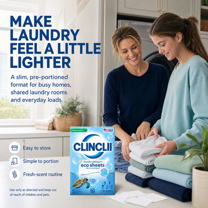 Mother and daughter folding fresh laundry with CLINCLII sheets in English