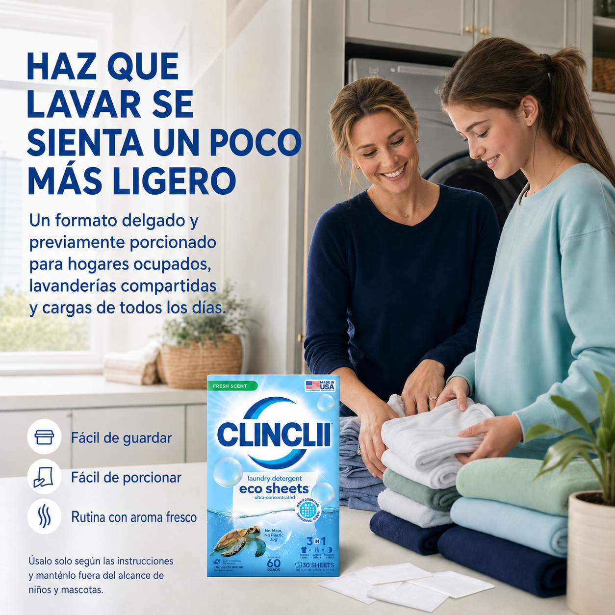 Madre e hija doblando ropa limpia con hojas CLINCLII en español