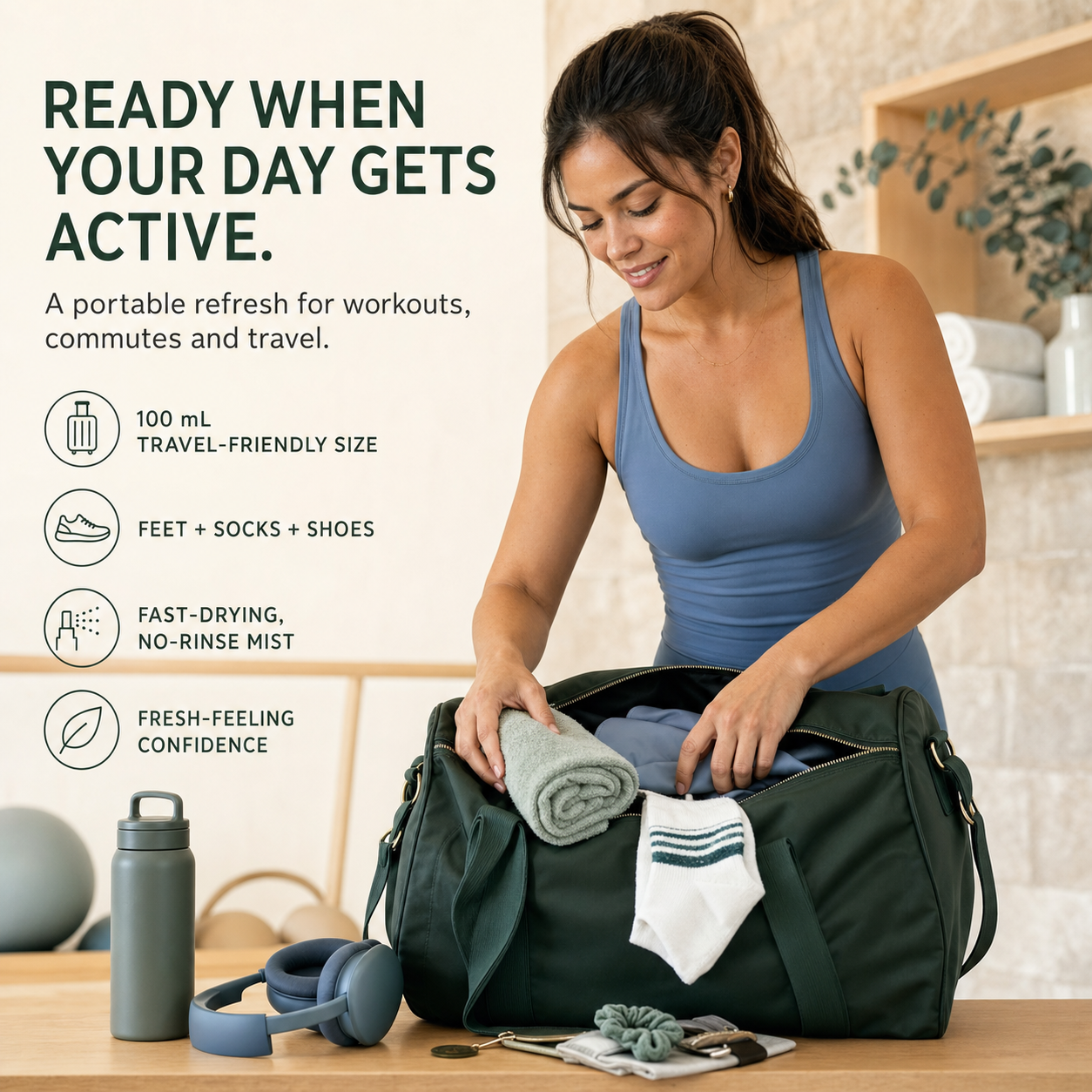 Latina woman packing a gym bag for an on-the-go freshness routine