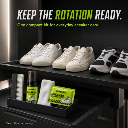 CHEEMEX kit organized beside a clean sneaker rotation