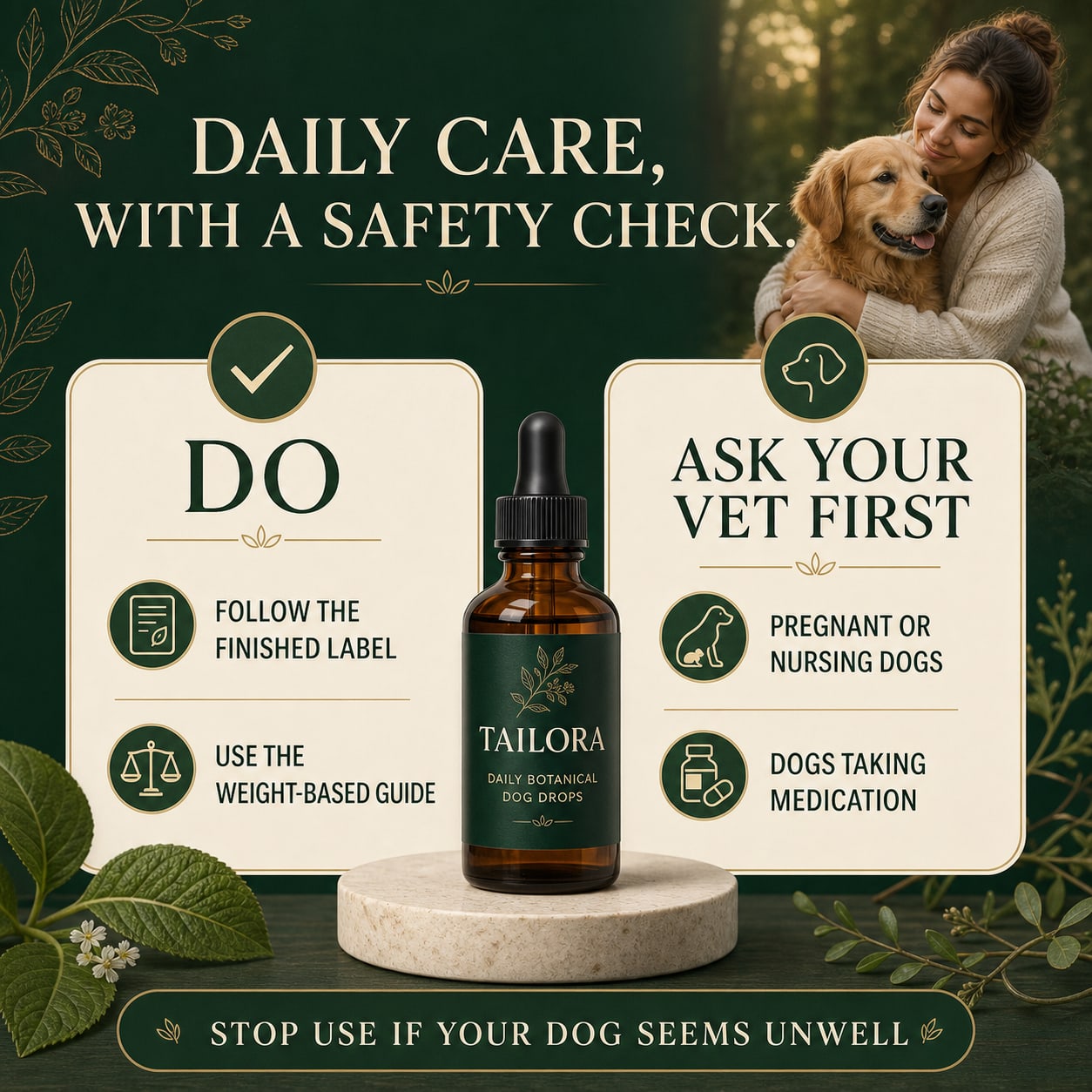 TAILORA dog drop safety and veterinary guidance