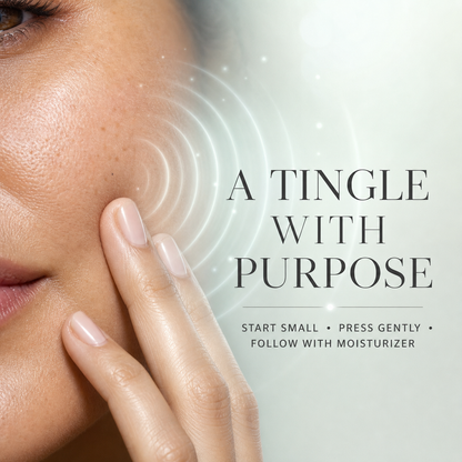 Woman gently pressing her cheek with a subtle tingle sensation and moisturizer guidance
