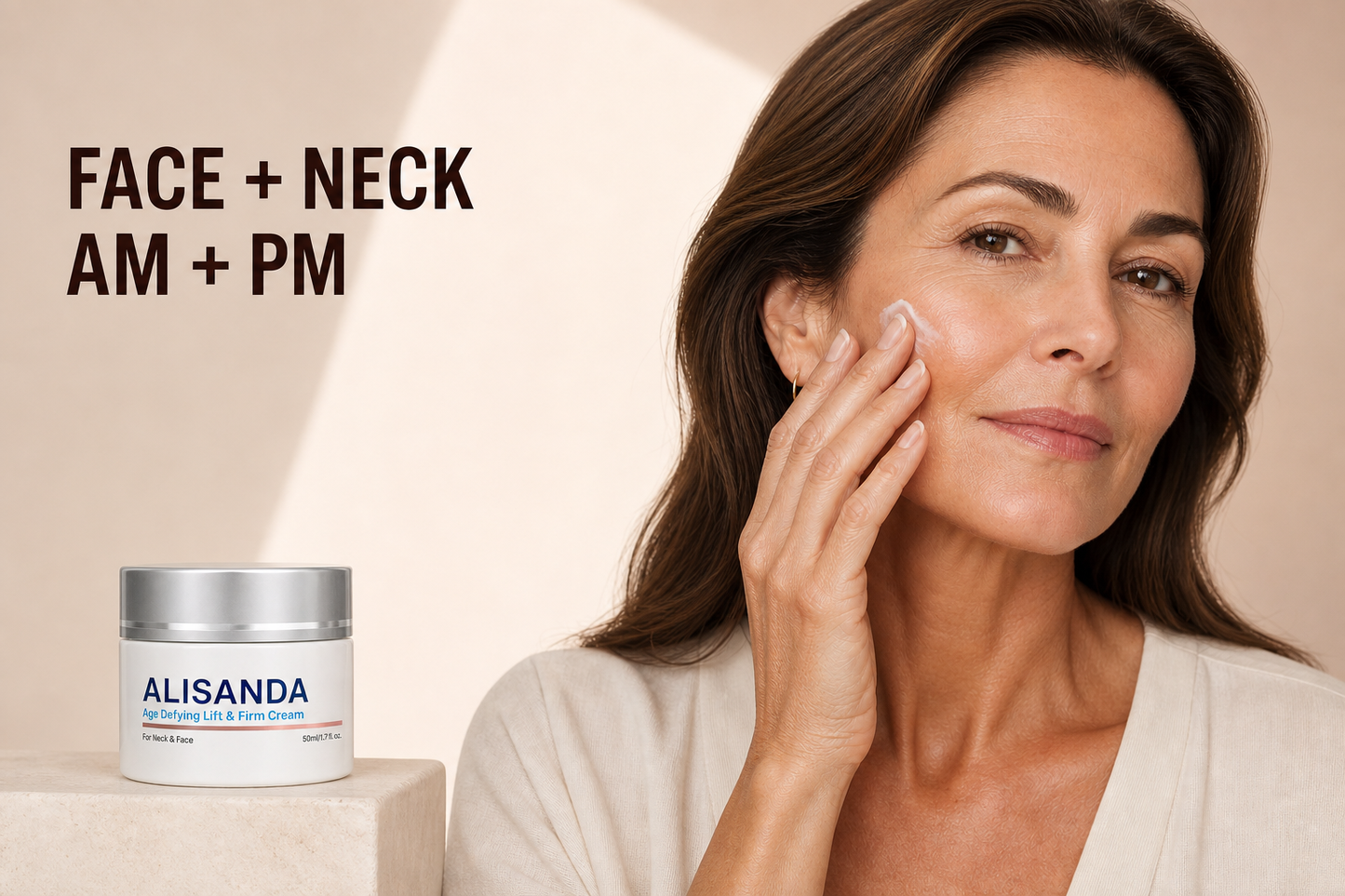 Mature woman applying ALISANDA face and neck cream morning and night