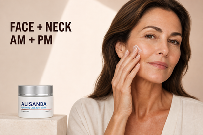 Mature woman applying ALISANDA face and neck cream morning and night