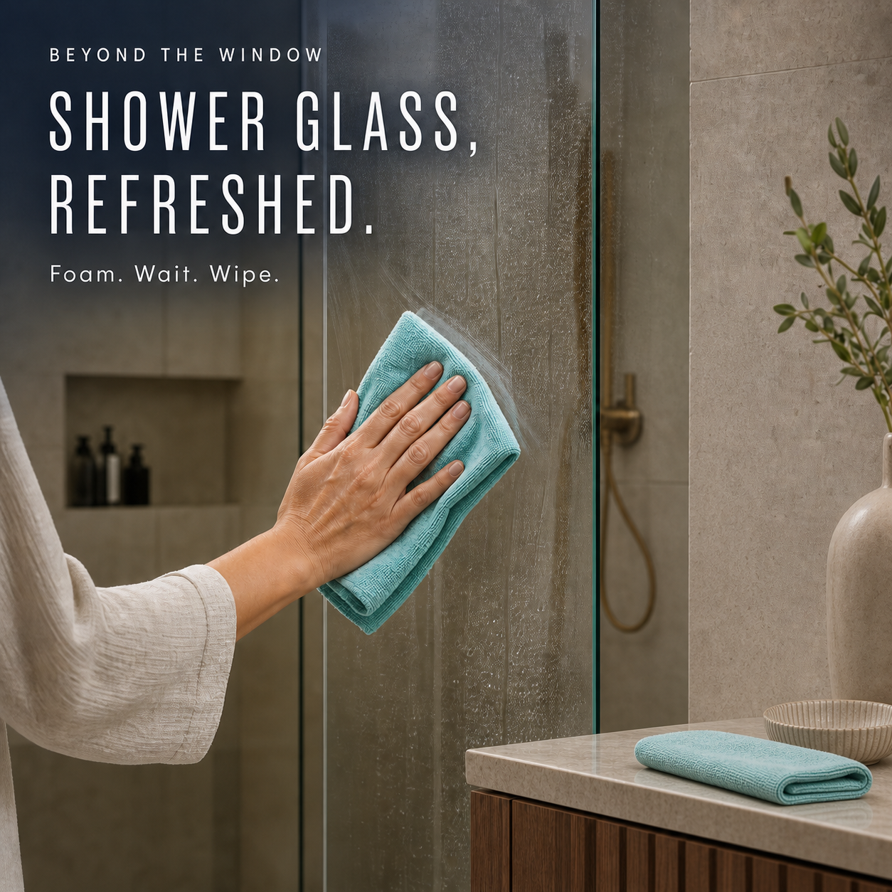 Product-free bathroom glass cleaning scene with the headline Shower Glass Refreshed