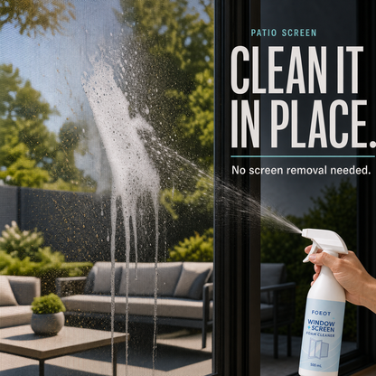 Patio screen scene with a small FOEOT bottle and the headline Clean It In Place