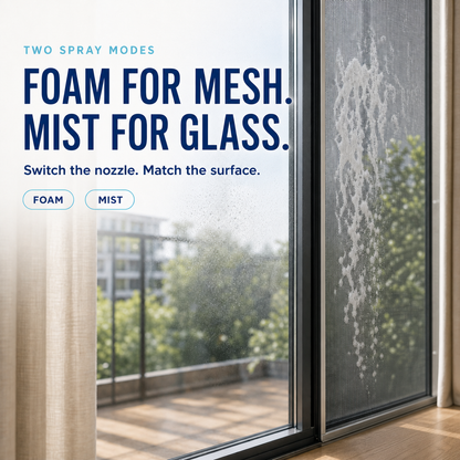 Product-free balcony scene showing foam on mesh and mist on glass