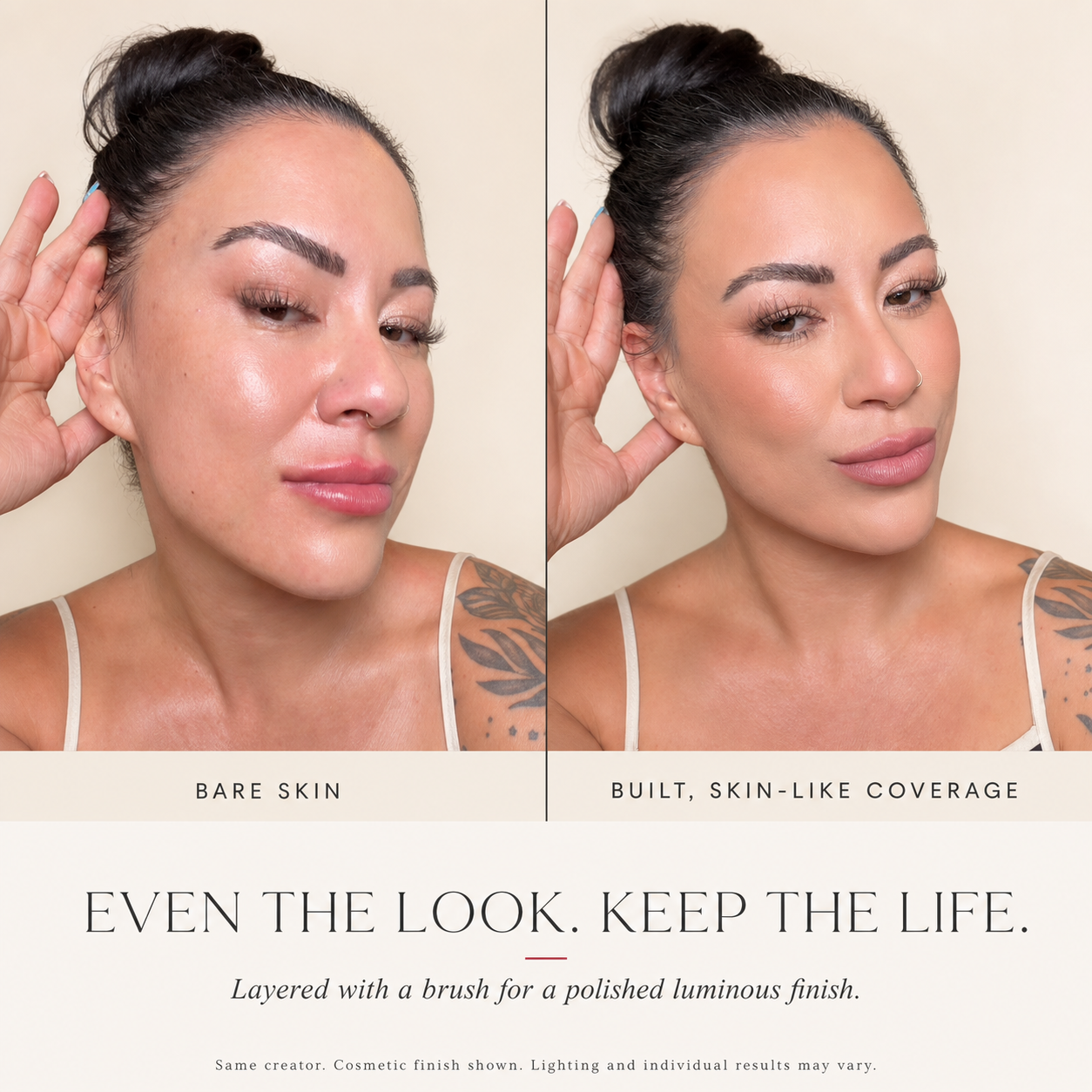 Same creator with bare skin and built skin-like cosmetic coverage