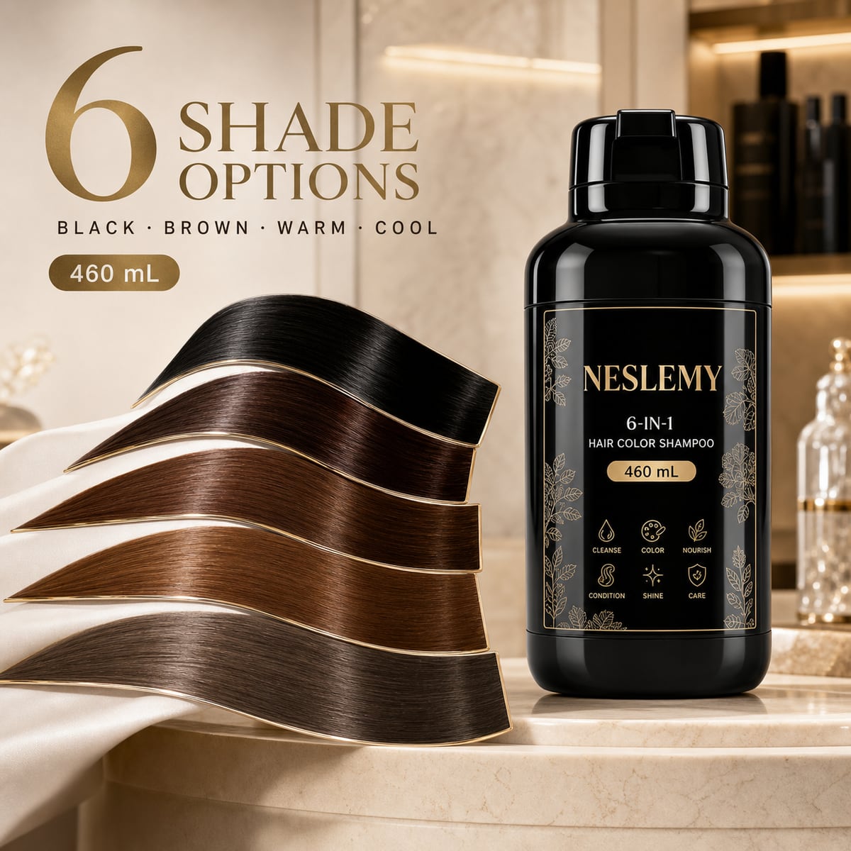 NESLEMY 460 mL hair color shampoo with six shade options