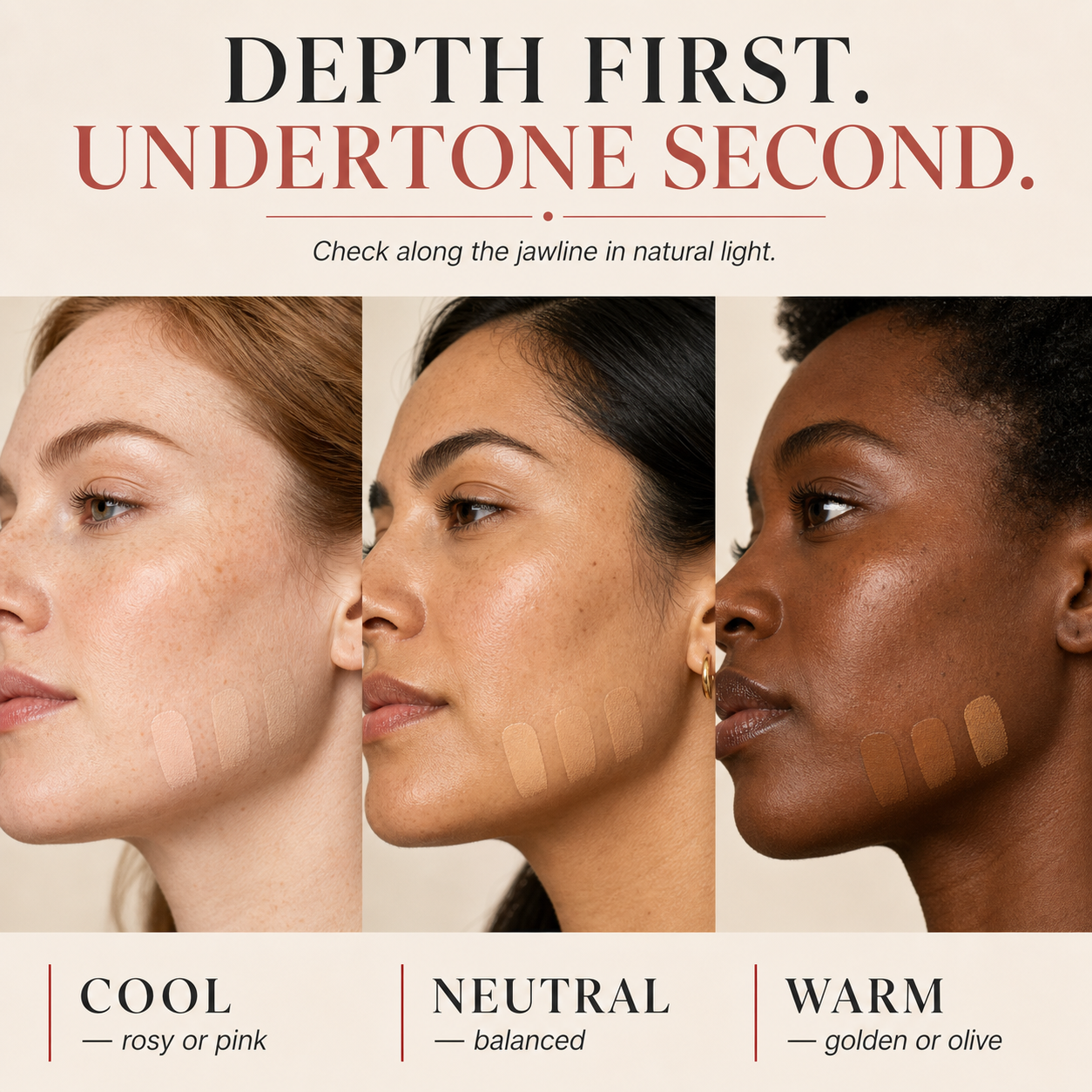 Cool neutral and warm foundation undertone guide across three skin depths
