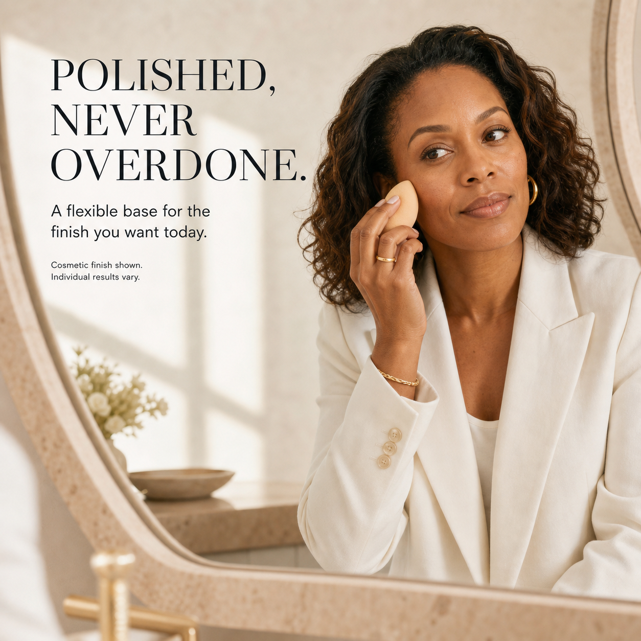Woman applying skin-like complexion coverage with a sponge