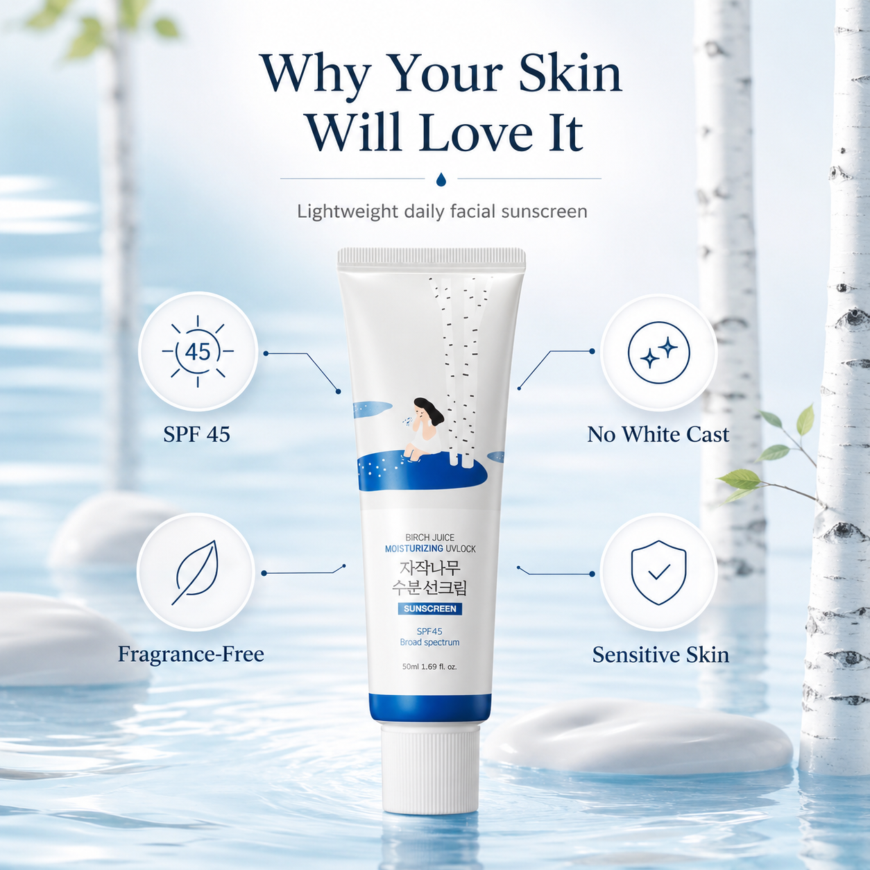 Birch Juice Moisturizing UV Lock Sunscreen SPF45 | Lightweight, Hydrating & No White Cast