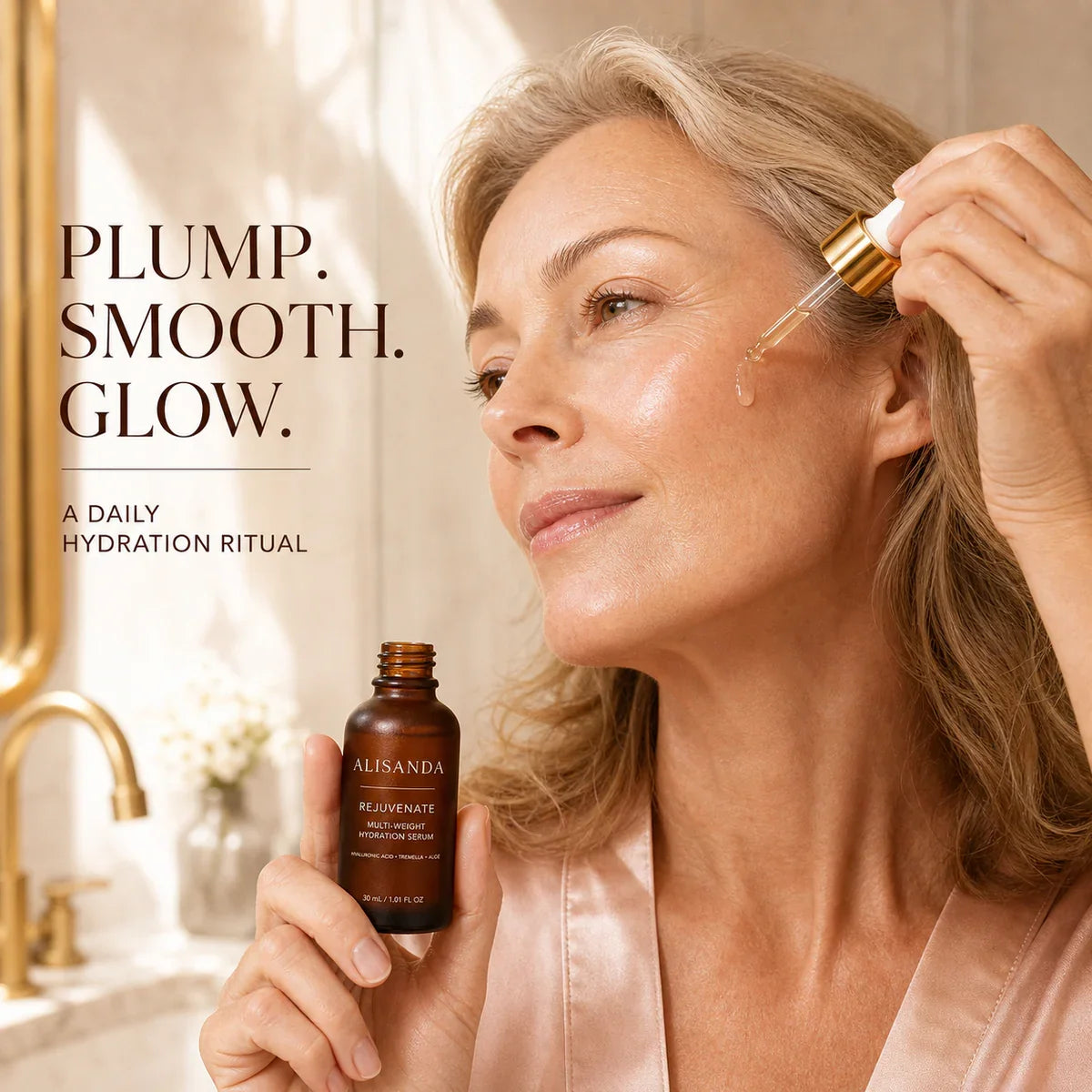 Woman applying ALISANDA Rejuvenate Serum as a daily hydration ritual
