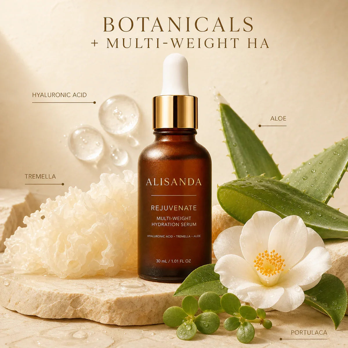ALISANDA Rejuvenate Serum ingredient story with hyaluronic acid tremella aloe and portulaca