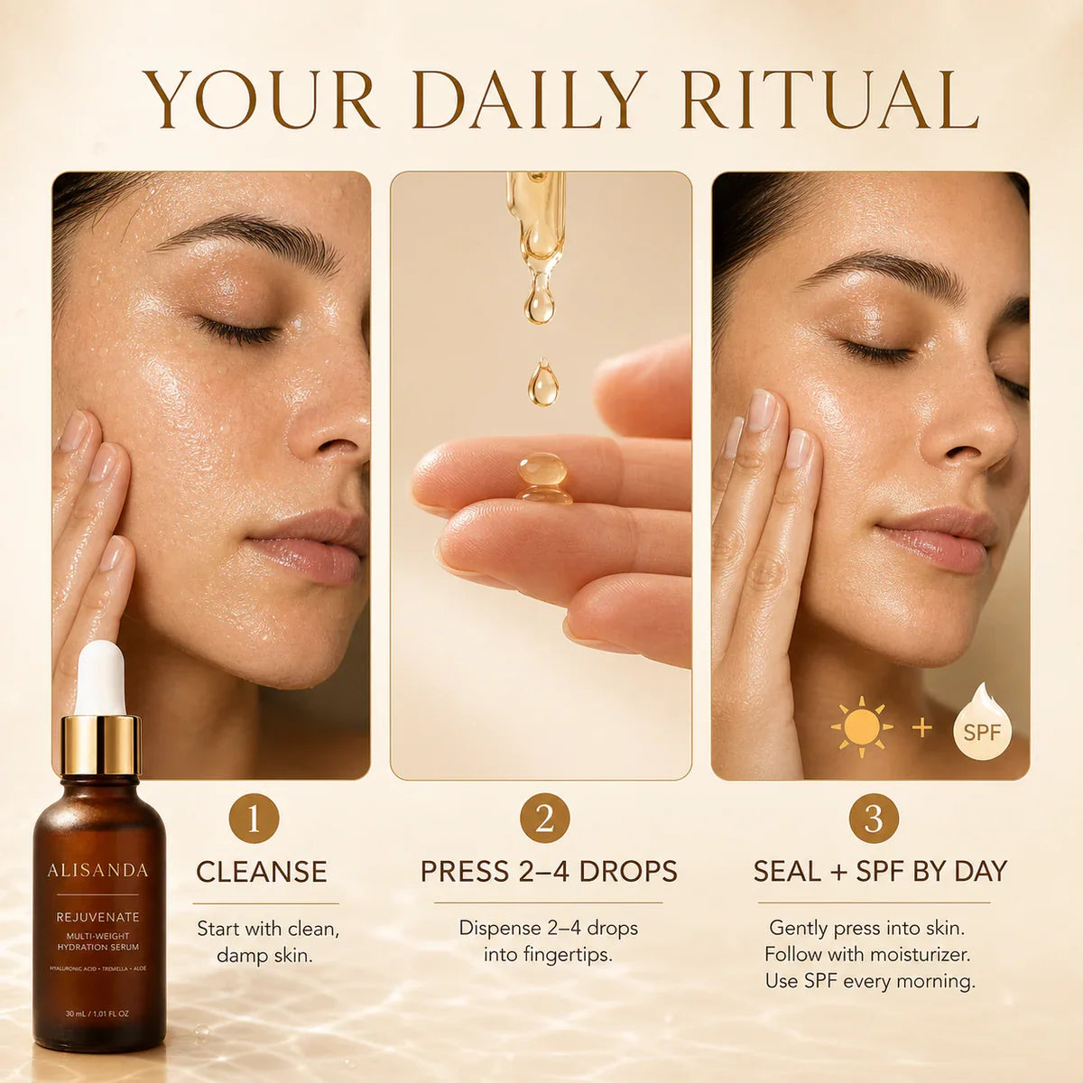 ALISANDA Rejuvenate Serum three-step morning and evening routine