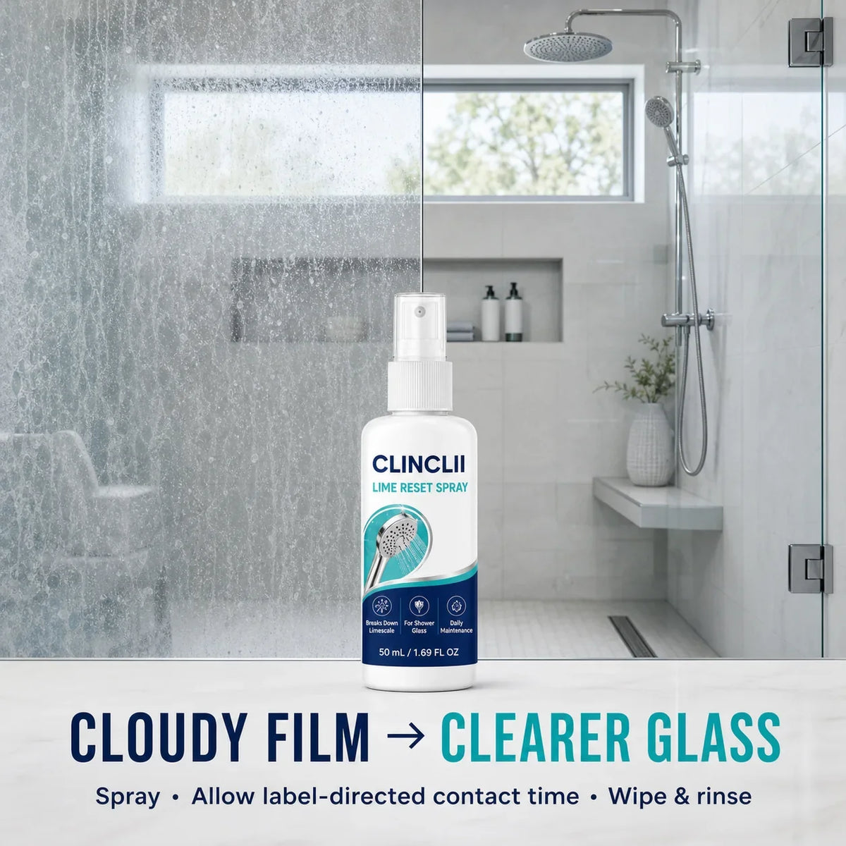 Cloudy hard-water film and clearer shower glass comparison