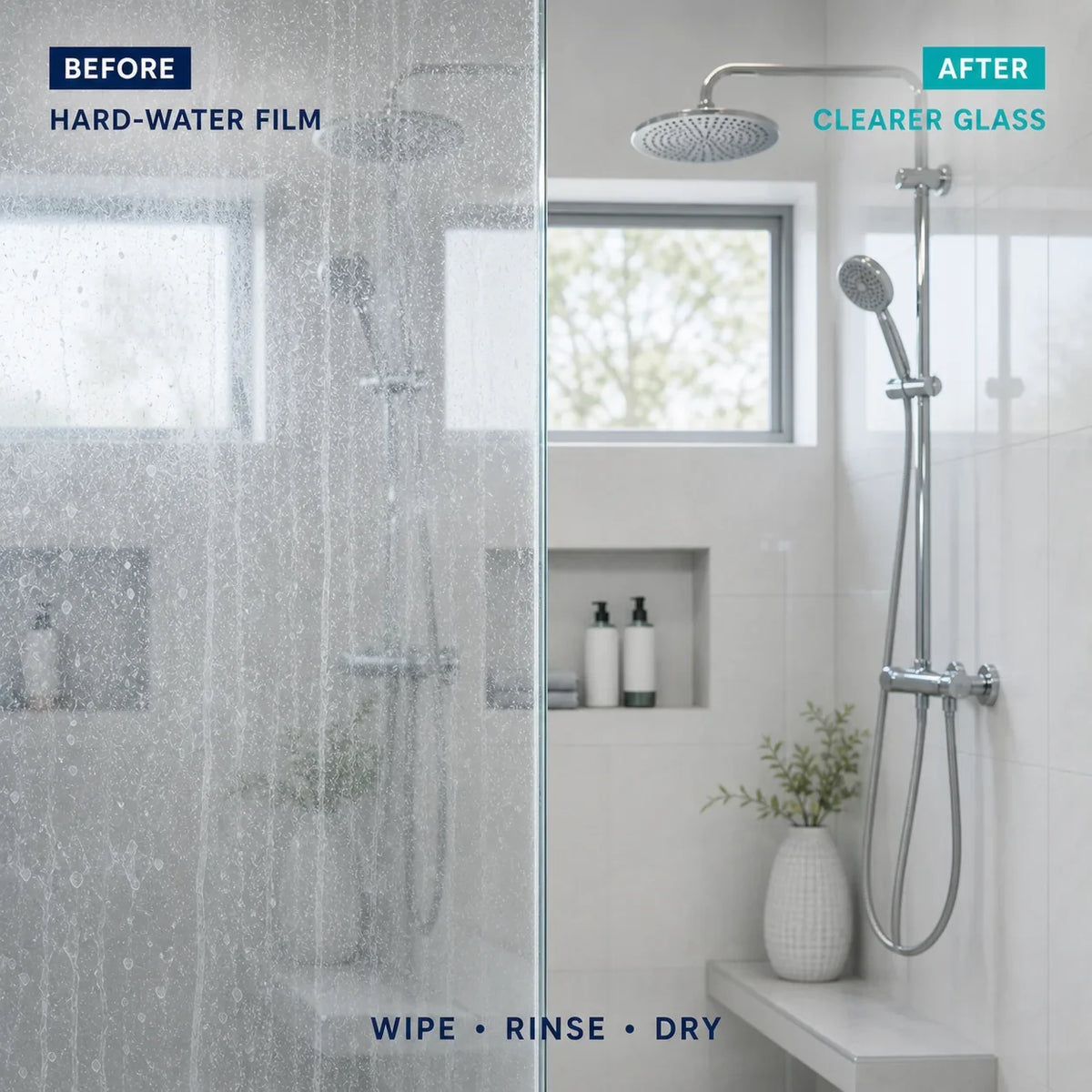 Before and after comparison of cloudy hard-water film and clearer shower glass
