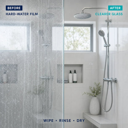 Before and after comparison of cloudy hard-water film and clearer shower glass