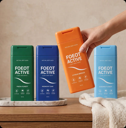 FOEOT ACTIVE natural body wash four-scent collection in a premium bathroom setting