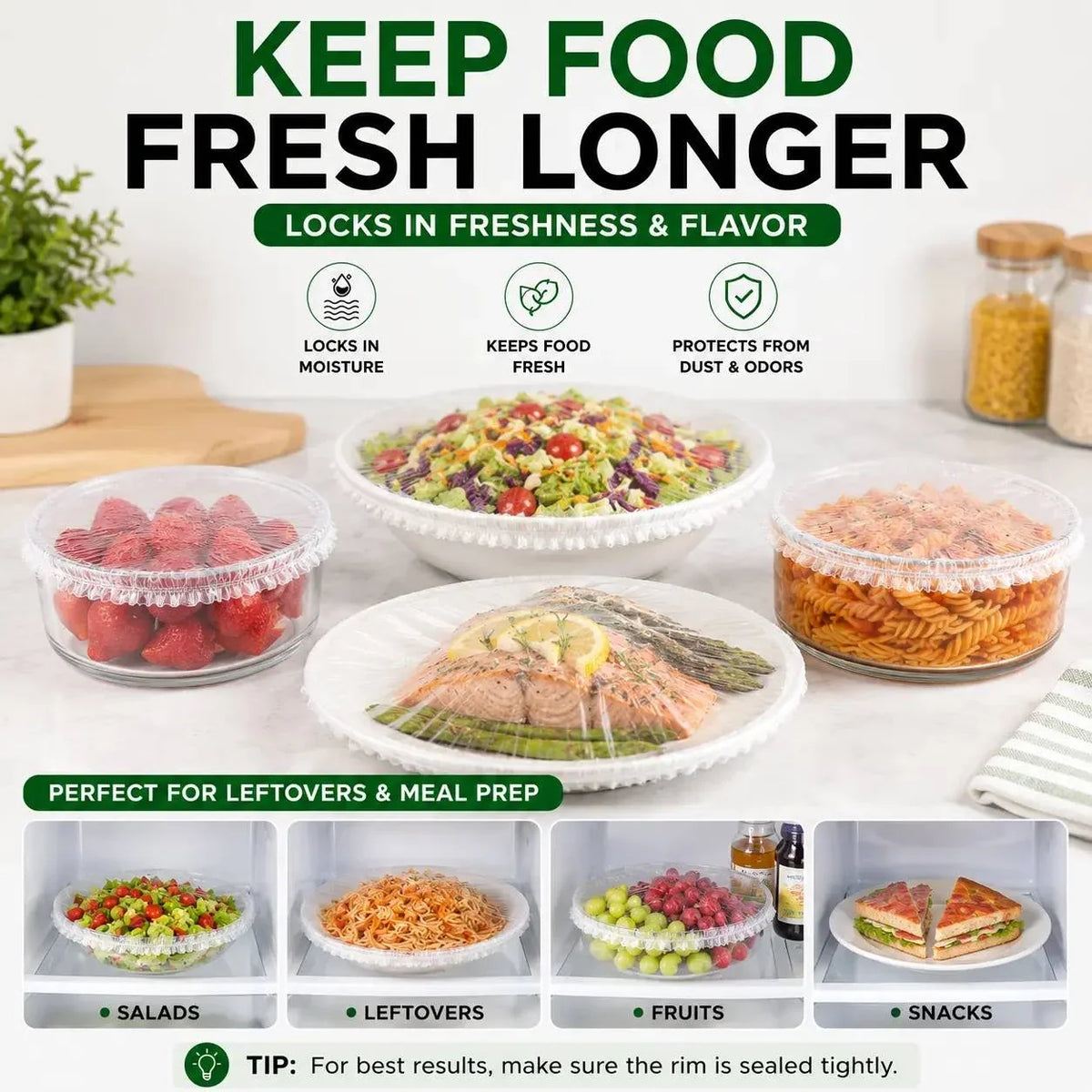 Clear food covers over meal-prep bowls, fruit and plates for refrigerator storage
