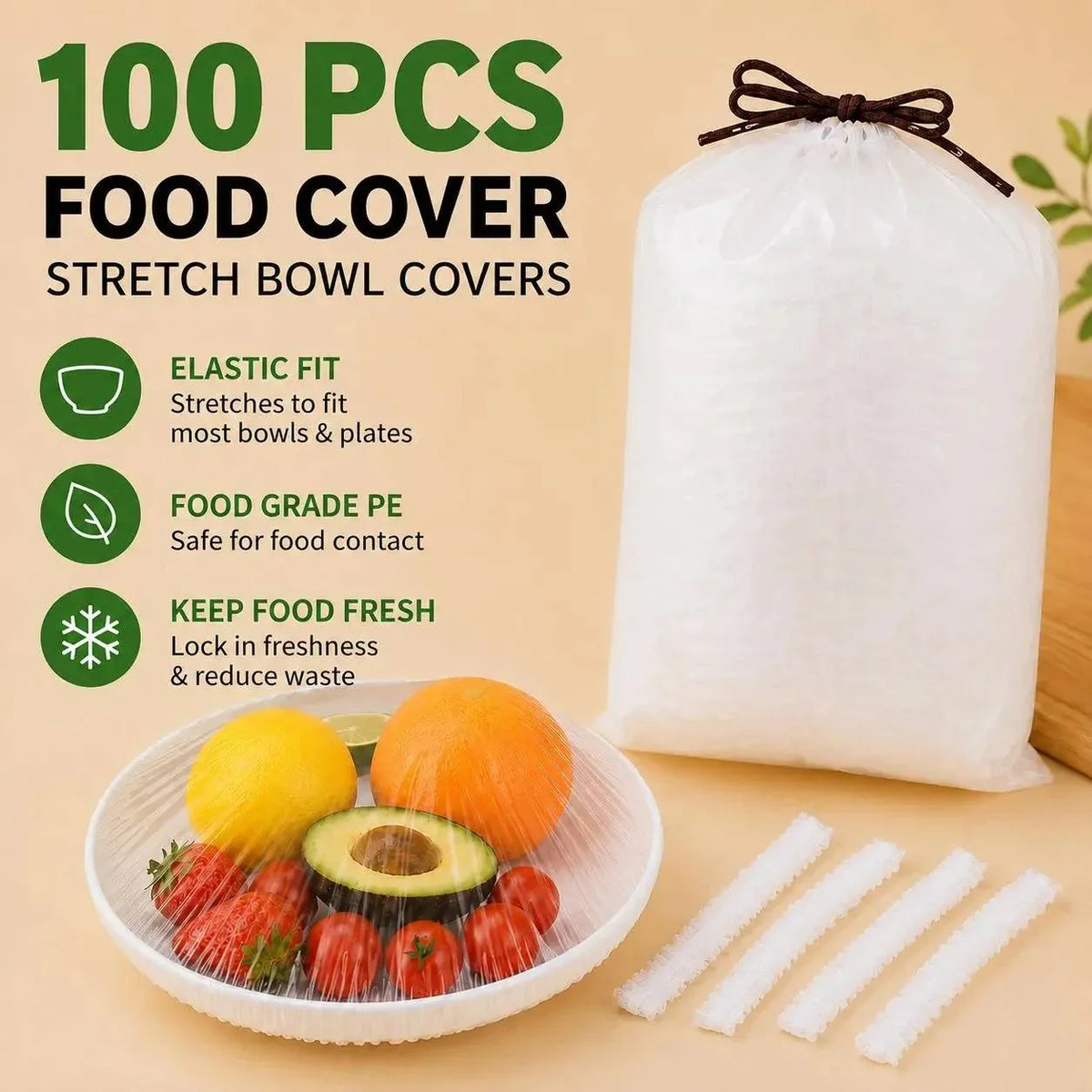 100-piece pack of clear elastic stretch bowl covers with a covered fruit bowl