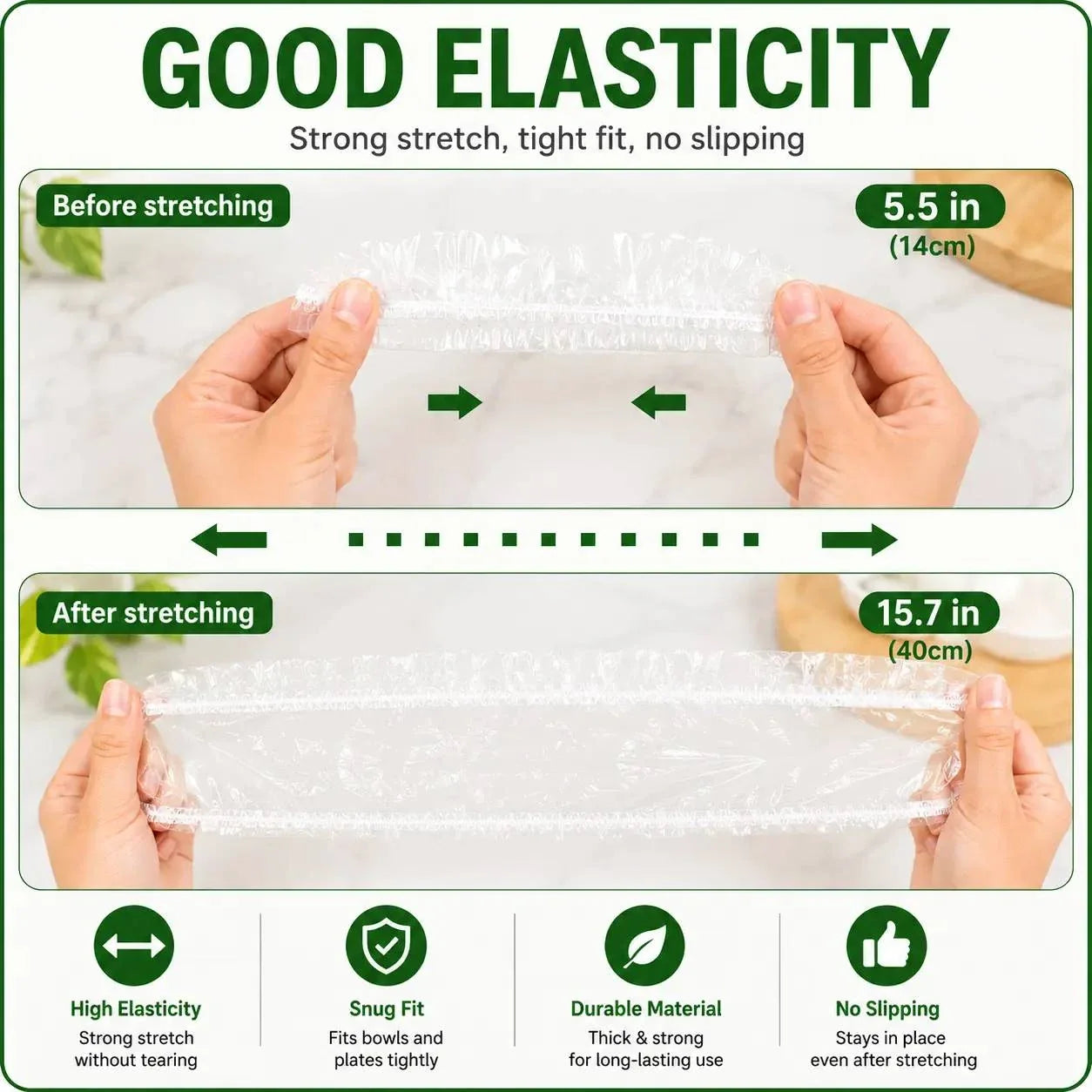 Elastic food cover size guide: approximately 5.5 to 15.7 inches of stretch