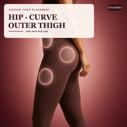 VELMORA patch placement guide for hip curve and outer thigh