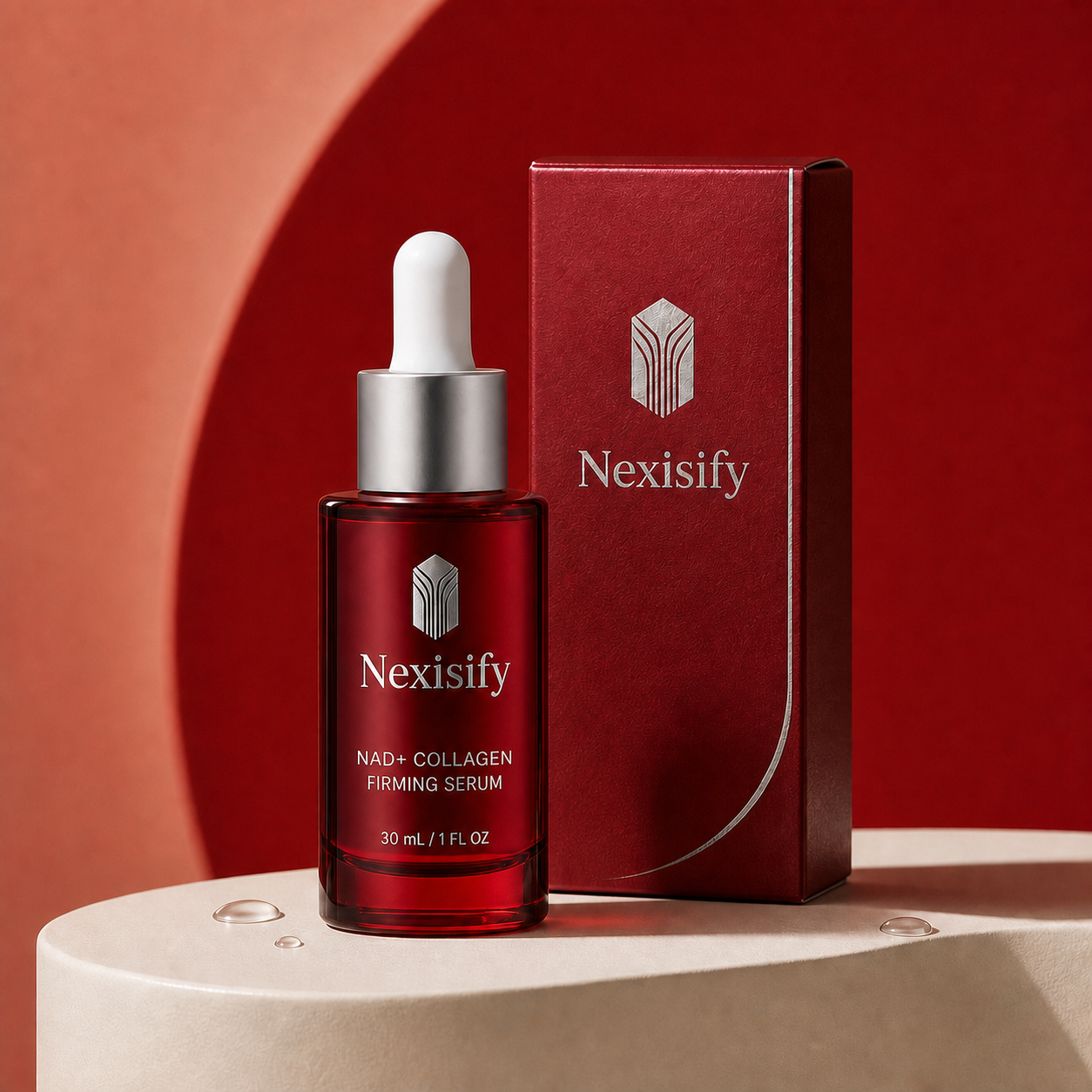 Nexisify NAD+ Collagen Firming Serum 30 mL ruby bottle and carton