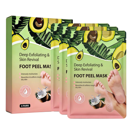 Avocado foot peel mask box with three individually wrapped pairs