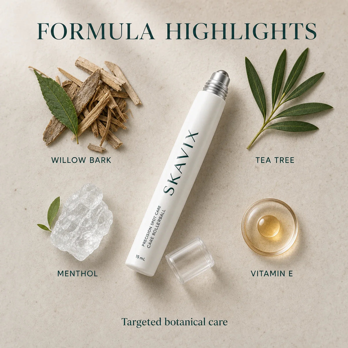 SKAVIX formula highlights with willow bark tea tree menthol and vitamin E