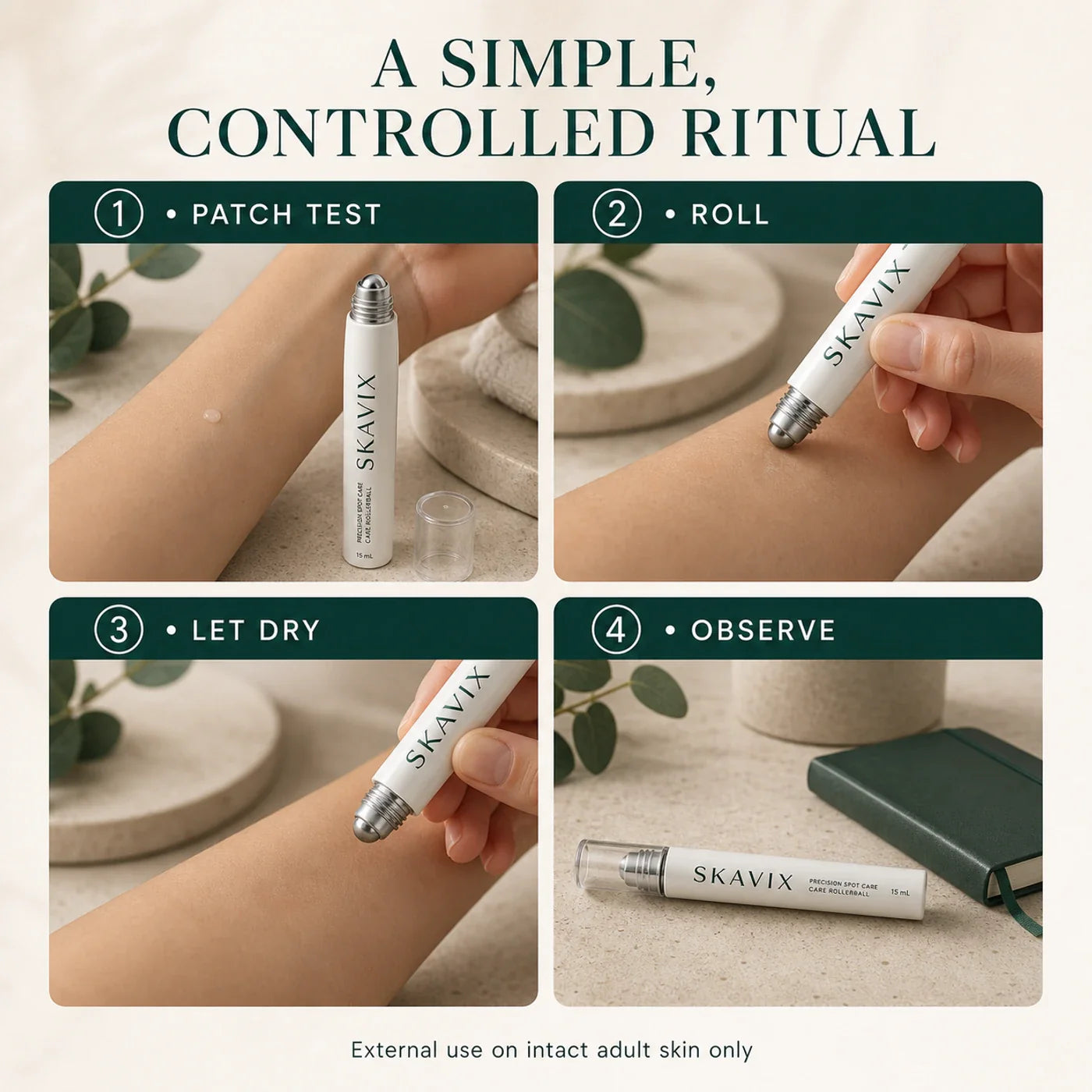 SKAVIX patch test roll dry and observe care ritual
